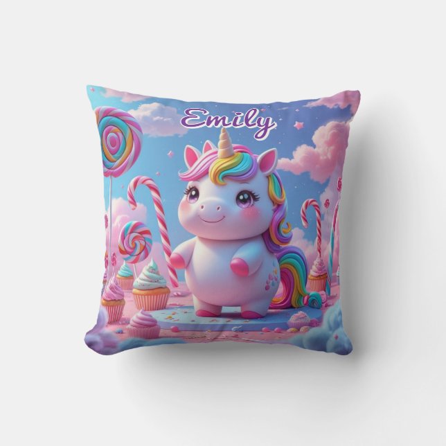 Cute Candy Unicorn Pillow - Editable Namn Kudde (Framsida)