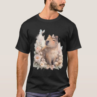 Cute Capybara Among Blooming Flowers T Shirt
