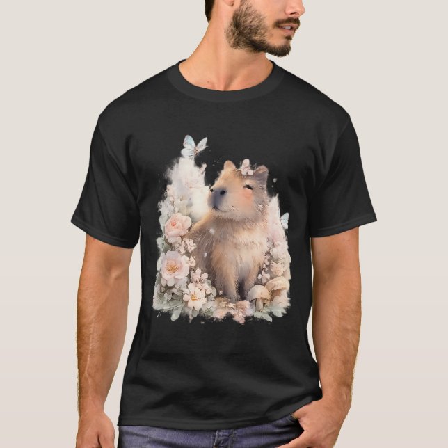 Cute Capybara Among Blooming Flowers T Shirt (Framsida)