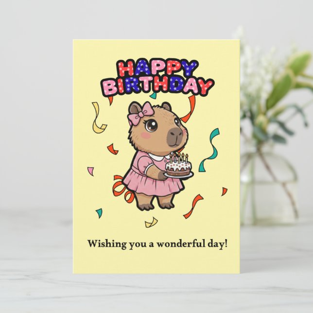 Cute Capybara Birthday Card - Pink Dress & Cake  Tack Kort (Stående Fram)