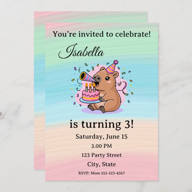 Cute Capybara Birthday Invitation Editable  Inbjudningar (Fram/baksida)