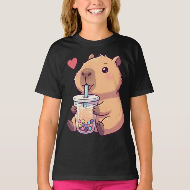 Cute Capybara Boba Tea Bubble for Girl T Shirt (Framsida)