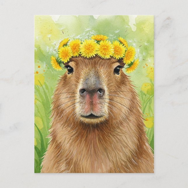 Cute Capybara Dandelion Wandelion Flowers Postcard Vykort (Framsida)