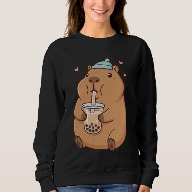 Cute Capybara Drinking Boba Bubble Tea T Shirt (Framsida)