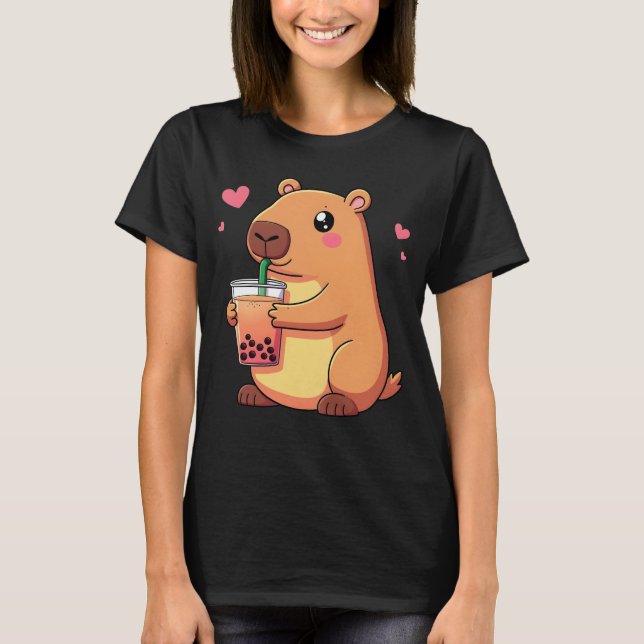 Cute Capybara Drinking Boba Bubble Tea Women Girls T Shirt (Framsida)