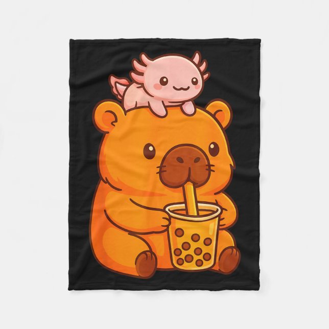Cute Capybara Drinking Bubble Tea And Axolotl Kawa Fleecefilt (Framsidan)