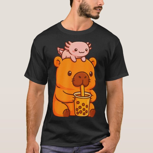 Cute Capybara Drinking Bubble Tea And Axolotl Kawa T Shirt (Framsida)