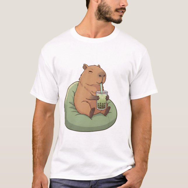 Cute Capybara Drinking Matcha Boba Tea Kawaii Gift T Shirt (Framsida)