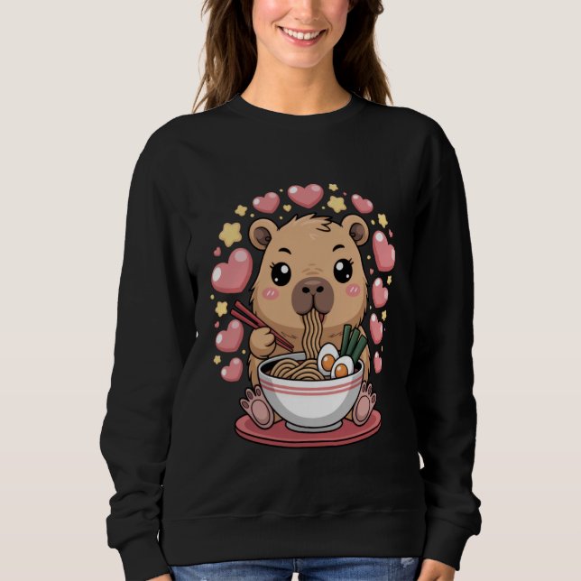 Cute Capybara Eating Noodles for Food Lovers Anime T Shirt (Framsida)