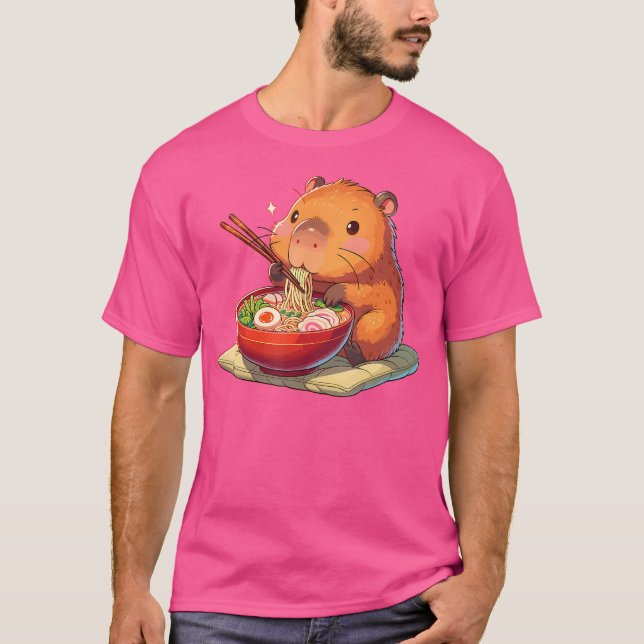 Cute Capybara Eats Ramen Noodles Capybara Ramen T Shirt (Framsida)