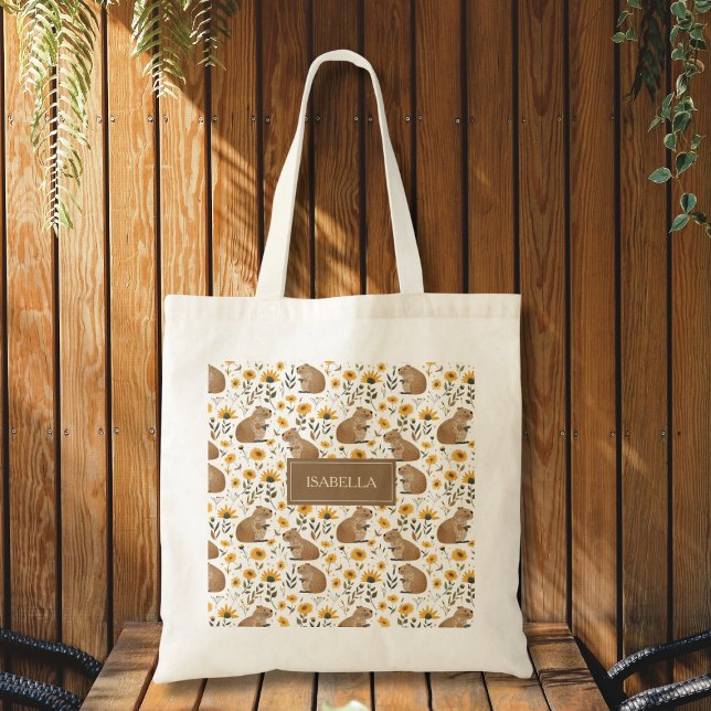 Cute Capybara Floral Tote Bag Tygkasse (cute whimsical capybara sunflower floral tote bag with custom name, fun personalized gift)