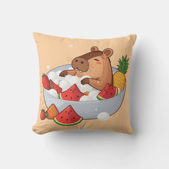 Cute Capybara Fruit Bath Spa Day Kawaii Animal Ill Kudde (Framsida)