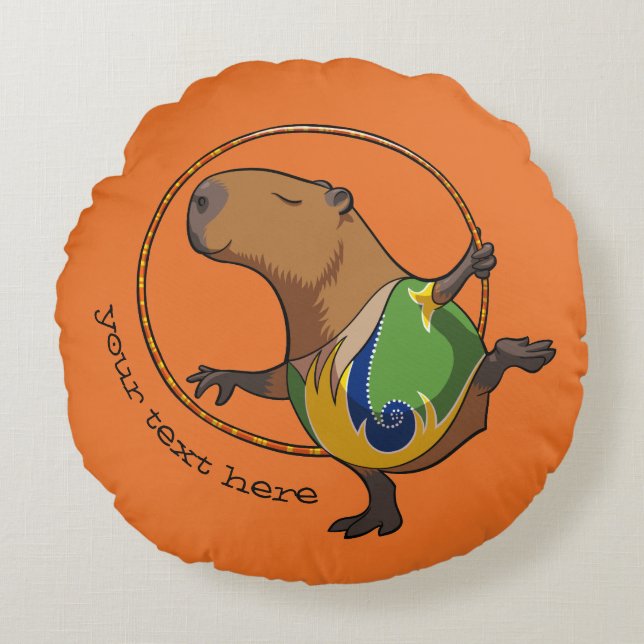 Cute Capybara Gymnast Ring Tecknad med bildtext Rund Kudde (Framsidan)