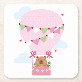 Cute Capybara Hot Air Balloon Pink Birthday Party Underlägg Papper Kvadrat