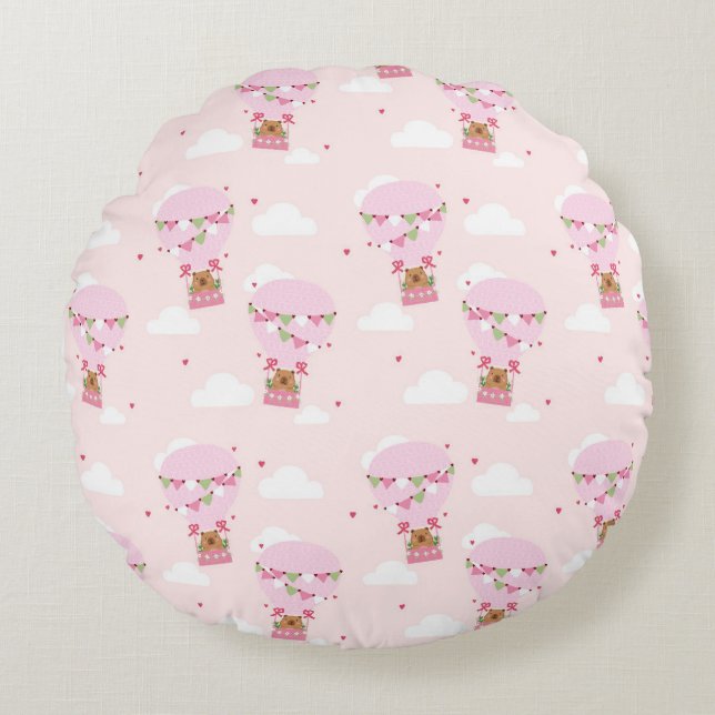 Cute Capybara Hot Air Balloon Rund Kudde (Framsidan)