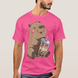 Cute Capybara Kawaii Anime Drinking Bubble Tea Cap T Shirt