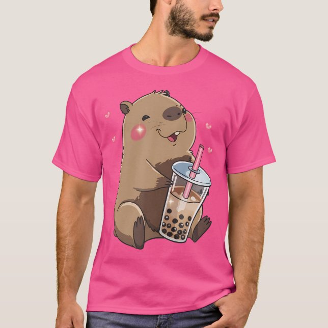 Cute Capybara Kawaii Anime Drinking Bubble Tea Cap T Shirt (Framsida)