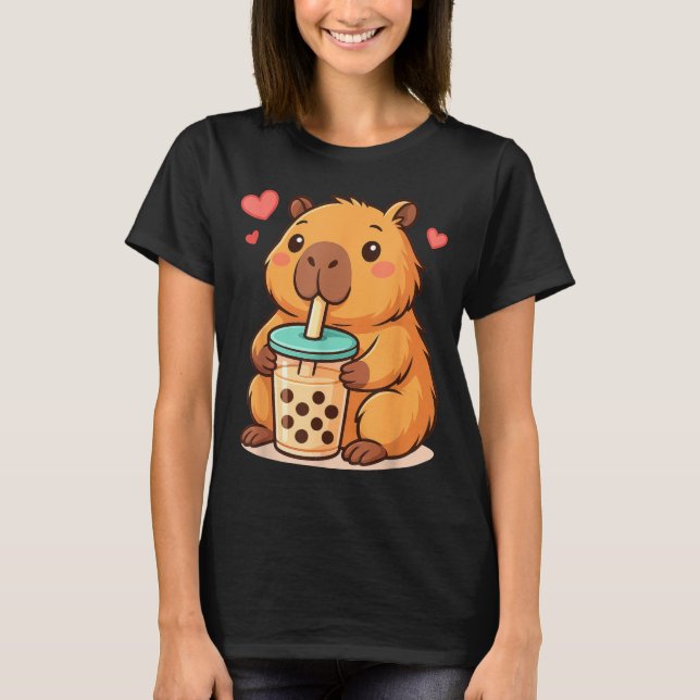 Cute Capybara Kawaii Anime Drinking Bubble Tea Lov T Shirt (Framsida)
