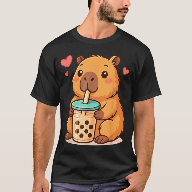 Cute Capybara Kawaii Anime Drinking Bubble Tea Lov T Shirt (Framsida)