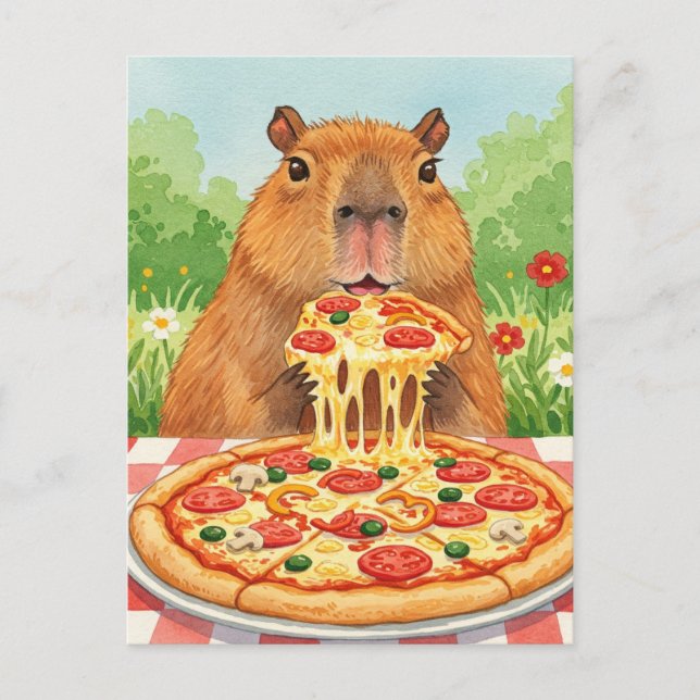 Cute Capybara med pizza-vykort Vykort (Framsida)