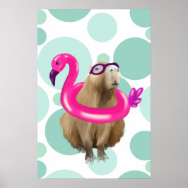 Cute Capybara med Rosa Flamingo Flyter bassäng Par Poster