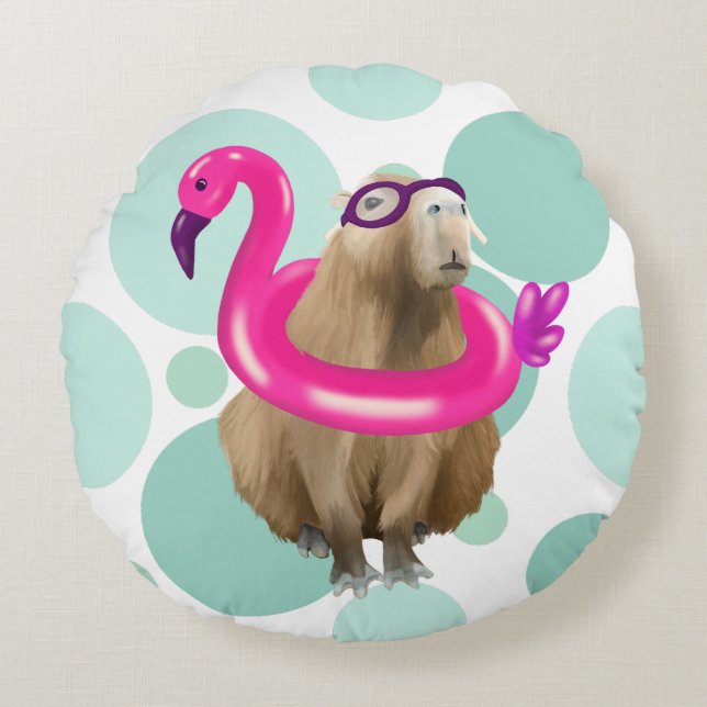 Cute Capybara med Rosa Flamingo Flyter bassäng Par Rund Kudde (Framsidan)