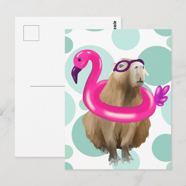 Cute Capybara med Rosa Flamingo Flyter bassäng Par Vykort (Fram/baksida)