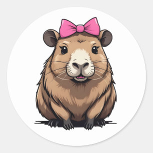 Cute Capybara med Rosa Ribbon Bow Women Girls Runt Klistermärke