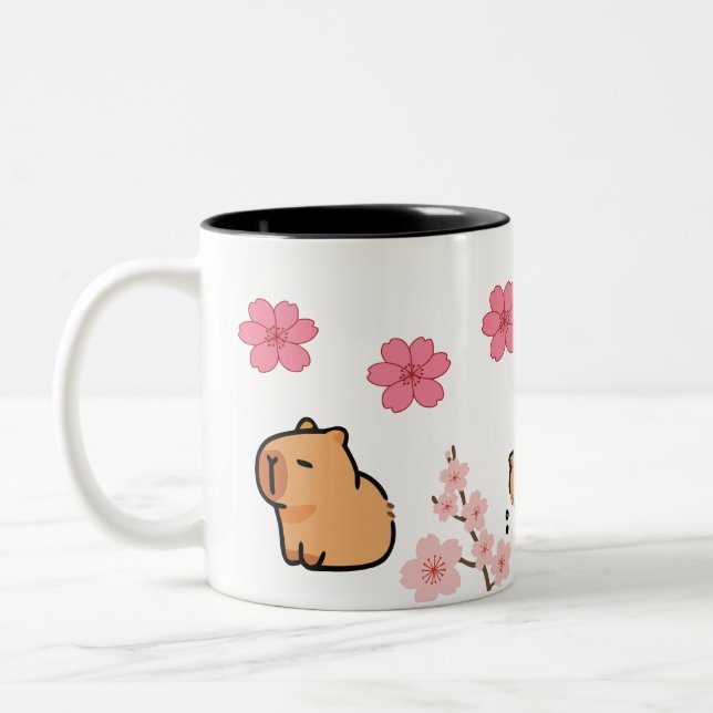Cute Capybara och Cherry Blommar Mugg | Bekvämt (Vänster)