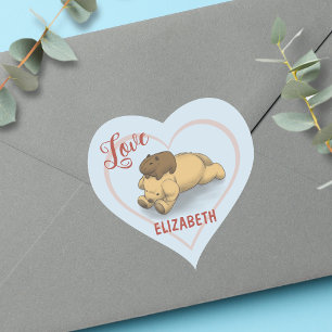 Cute Capybara och Puppy Blue Namn Hjärtformat Klistermärke
