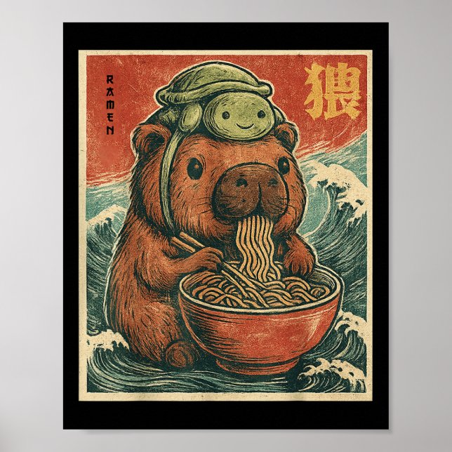 Cute Capybara och Turtle Backpack Ramen Kawaii Cap Poster (Framsidan)