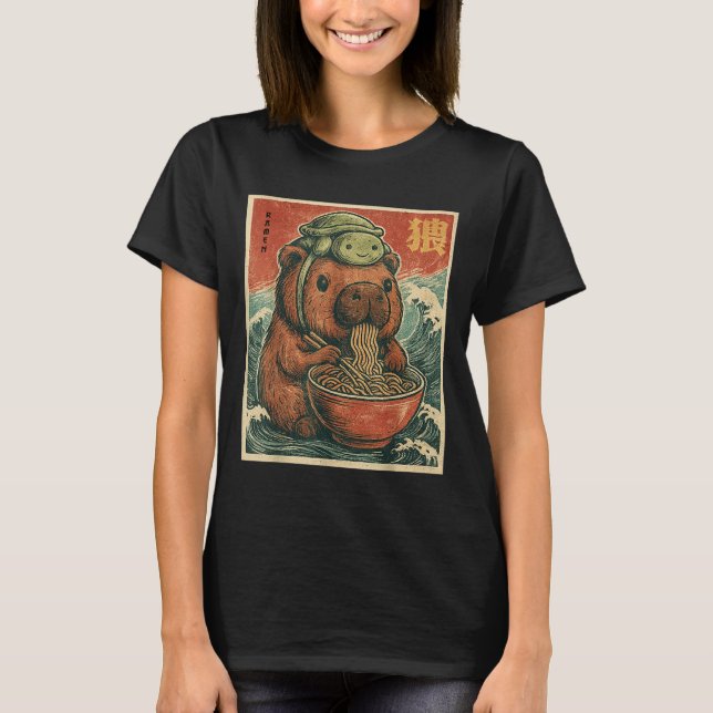 Cute Capybara och Turtle Backpack Ramen Kawaii Cap T Shirt (Framsida)