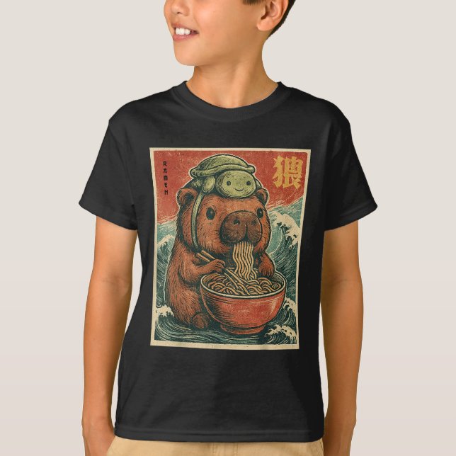 Cute Capybara och Turtle Backpack Ramen Kawaii Cap T Shirt (Framsida)