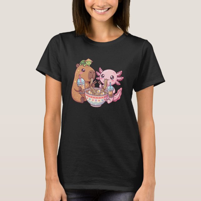 Cute Capybara Pink Axolotl Ramen Turtle Bubble Tea T Shirt (Framsida)