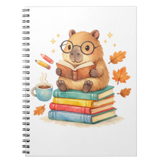 Cute Capybara Reading Books Watercolor Anteckningsbok