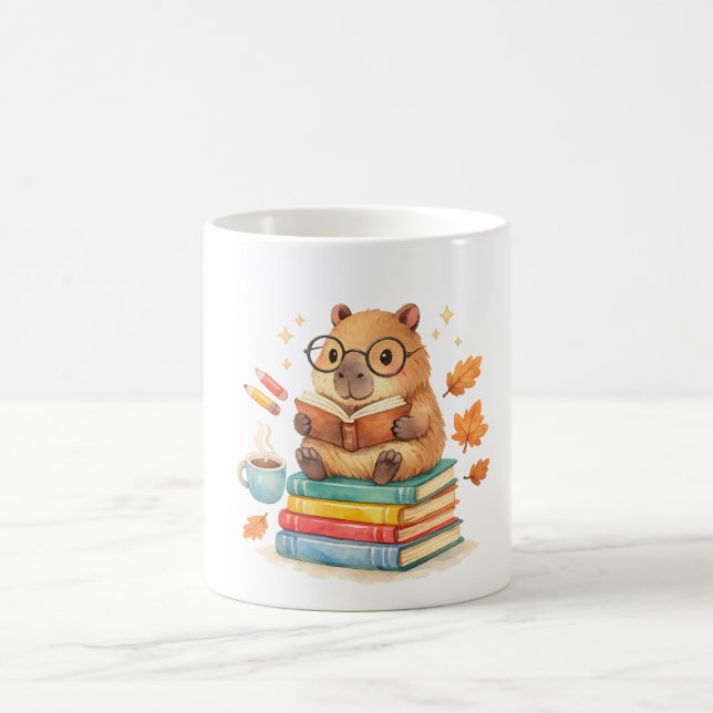 Cute Capybara Reading Books Watercolor  Kaffemugg (Center)