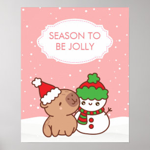 Cute Capybara & Snögubbe Winter Poster