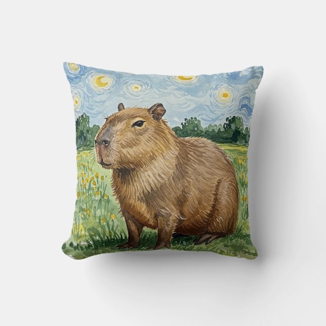Cute Capybara Starry Night Vincent van Gogh Pillow Kudde (Framsida)
