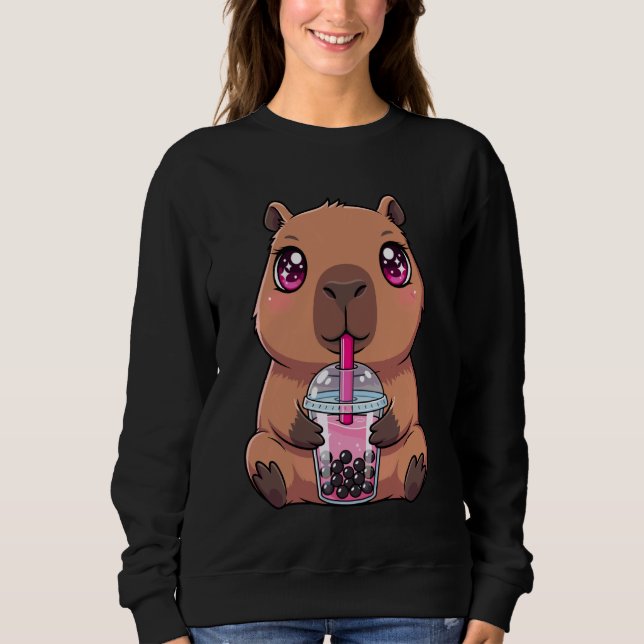 Cute Capybara with Boba Bubble Tea T Shirt (Framsida)