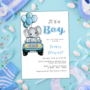 Cute Car Boy's Elephant Watercolor Baby Shower Inbjudningar