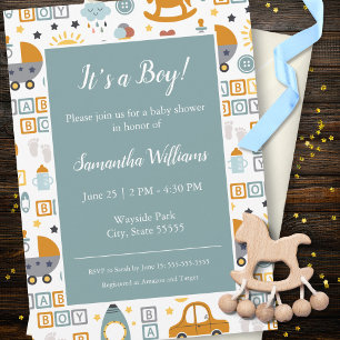 Cute Car Leksak Mönster Boy Teal Baby Shower Inbjudningar