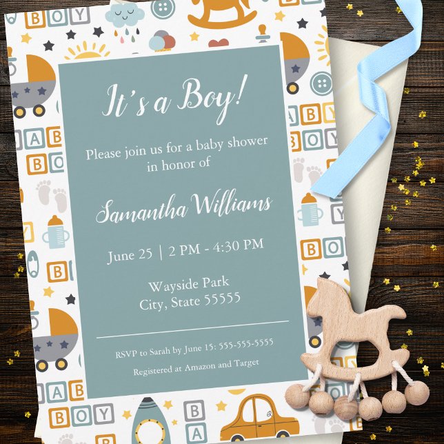Cute Car Leksak Mönster Boy Teal Baby Shower Inbjudningar (Skapare uppladdad)