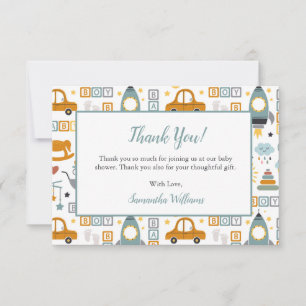 Cute Car Leksak Mönster Boy Teal Baby Shower Tack Kort