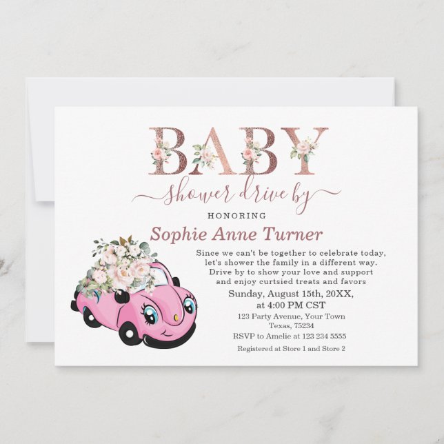 Cute Car Rosa Blommigt Girl Baby Shower Drive by Inbjudningar (Framsida)