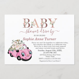 Cute Car Rosa Blommigt Girl Baby Shower Drive by Inbjudningar