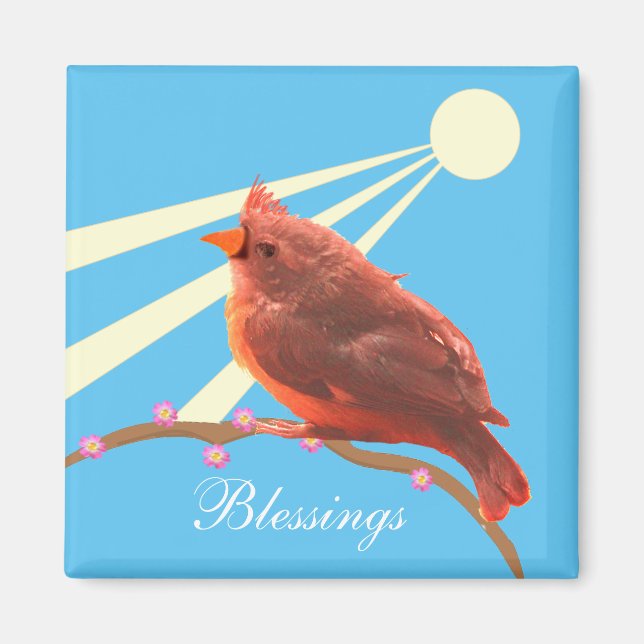 Cute Cardinal Bird on Light Blue Magnet (Framsidan)