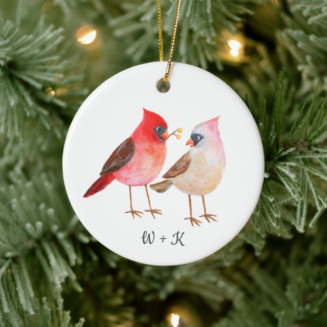 Cute Cardinal Giving Gifts Couple Custom Christmas Julgransprydnad Keramik (Träd)