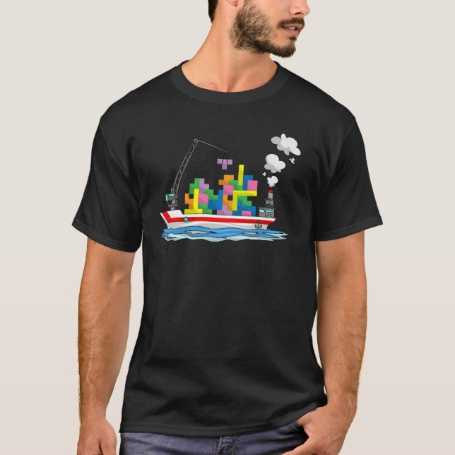 Cute Cargo Ship Blocks   Toy Boat Brick Puzzle T Shirt (Framsida)
