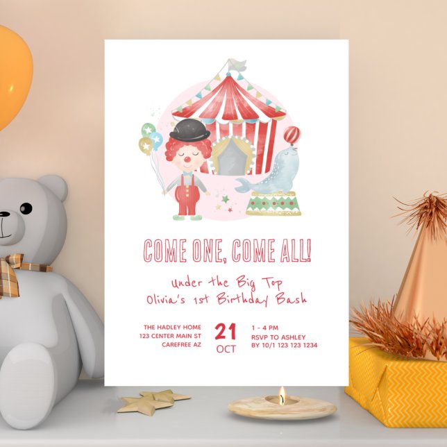 Cute Carnival Circus 1:a födelsedag Inbjudningar (Skapare uppladdad)
