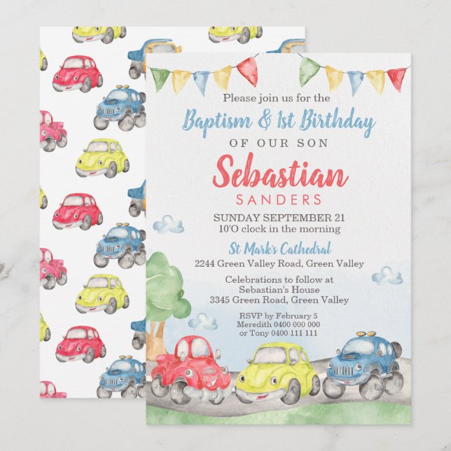 Cute Cars Baptism 1:a födelsedagsinbjudan Inbjudningar (Fram/baksida)